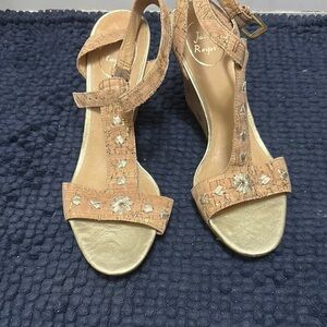 Jack Rogers Floral Embellished Tan Wedges